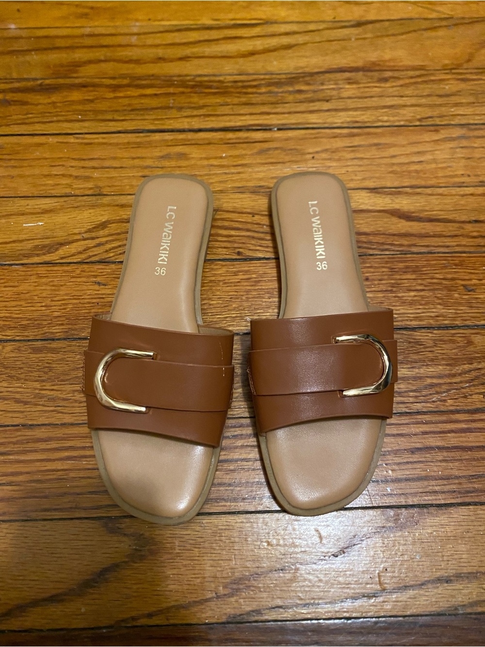 LC Waikiki Brown Slide Sandals with Gold Accent